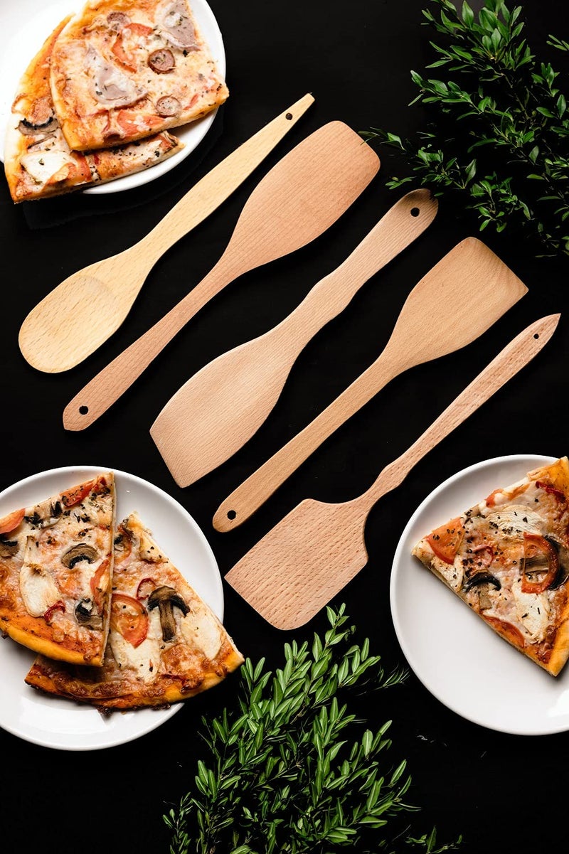 ECOSALL Nonstick Wooden Spoons For Cooking â€“ 5 European Premium Spoons Set - 100% Healthy and Natural Wooden Spatula â€“ Long Handled, Strong, Durable, Solid Wood Cooking Utensils for Everyday Cooking - Image 4